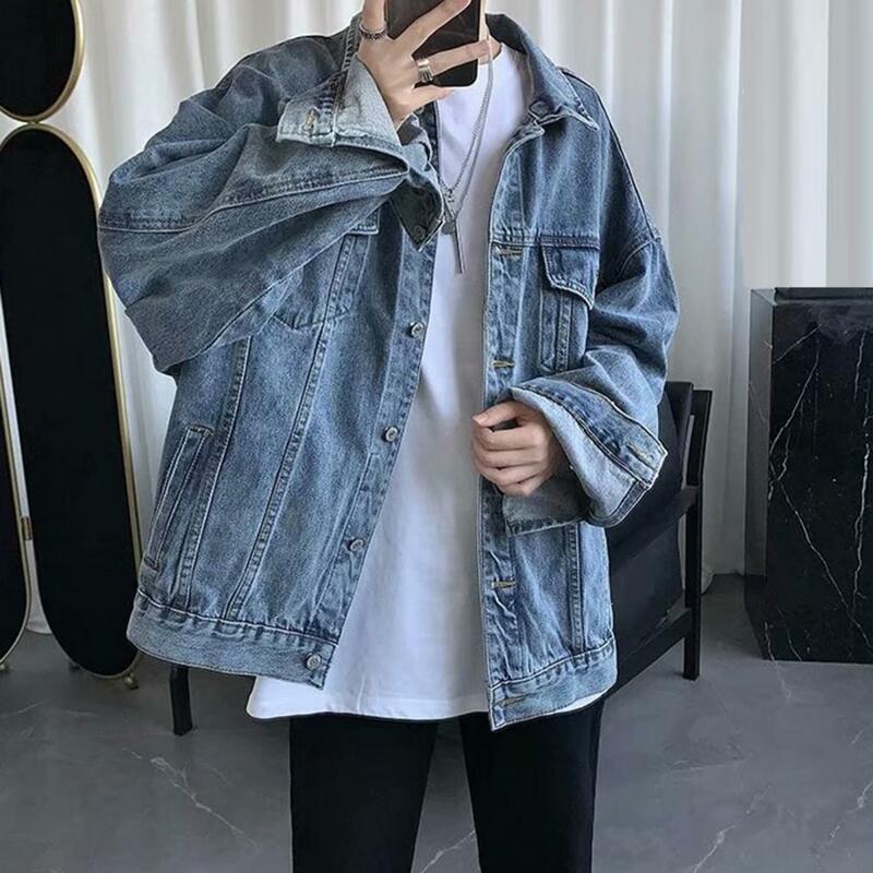 Куртка мужская джинсовая в стиле ретро, однобортная свободная уличная одежда из денима в стиле хип-хоп, с длинными рукавами и отворотами, с несколькими карманами, верхняя одежда