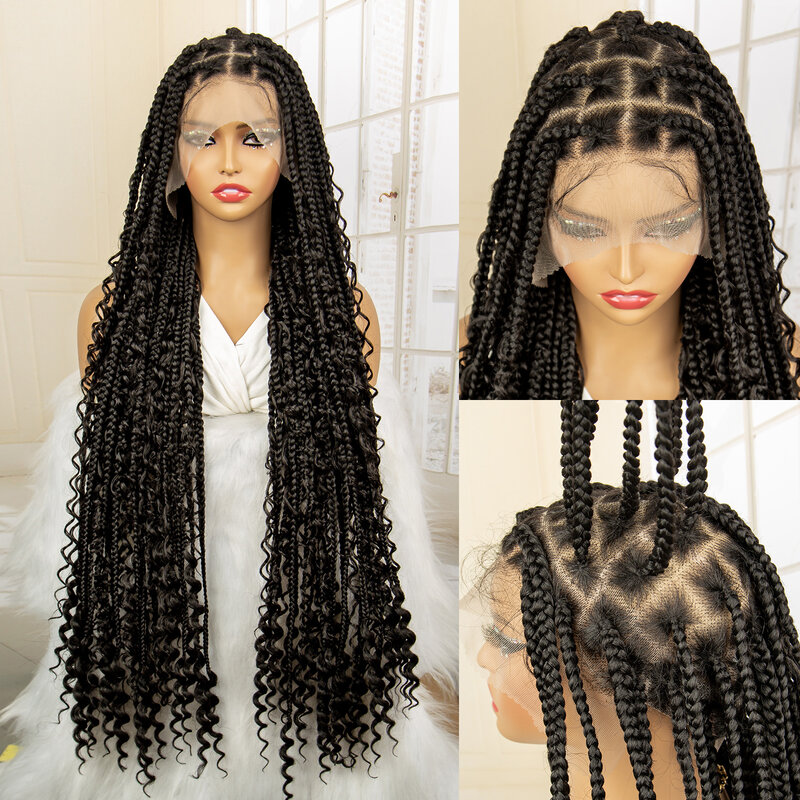 Full Lace Synthetic Boho Braided Wigs with Baby Hair Long Curly Hair Wig with Braids 36 Inches Braiding Wig for Black Women