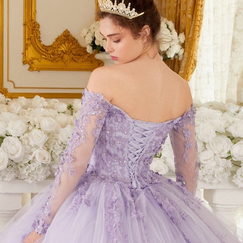 Glitter Purple Quinceanrra Prom Dresses Classic Lace Appliques Princess Long Beautiful Elegant Sweet 16 Dress Vestidos