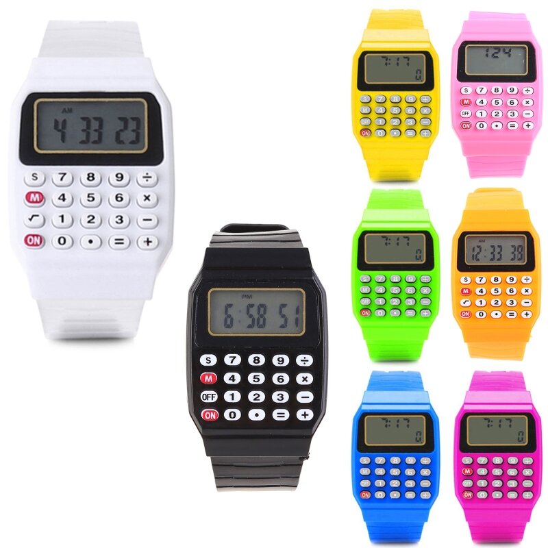 นาฬิกาข้อมือซิลิโคนแฟชั่นสำหรับเด็กเครื่องคิดเลขอิเล็กทรอนิกส์อเนกประสงค์วันที่จัดส่ง