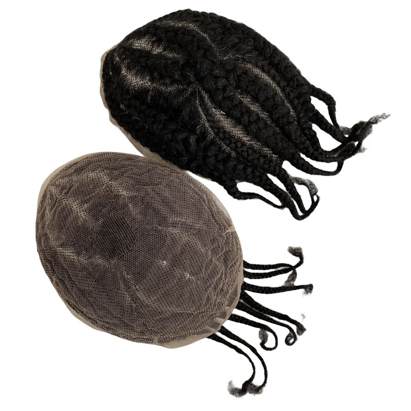Brasil perawan rambut manusia pengganti NO.8 akar Afro kepang jagung 1b # Jet warna hitam 8x10 penuh renda rambut palsu untuk Blackman