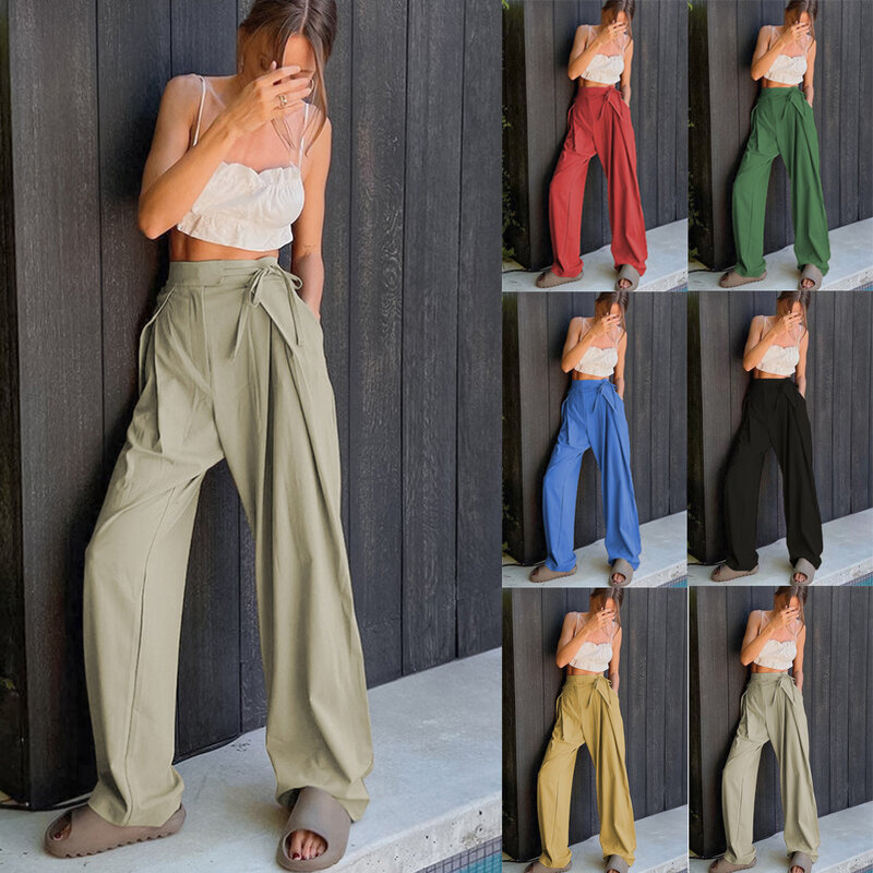 Calça casual feminina com cordão de cintura alta solta, bolso monocromático, confortável, moda verão, 2023