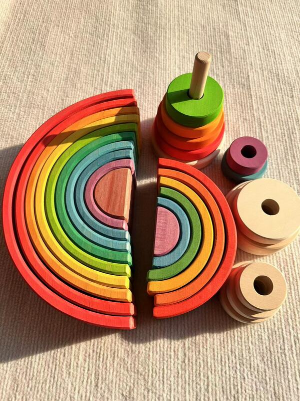 Juguetes de madera de alta calidad para niños, bloques de apilamiento de arco arcoíris de madera de Lima, clavija de clasificación de Semi Color, muñecas, listones de bolas