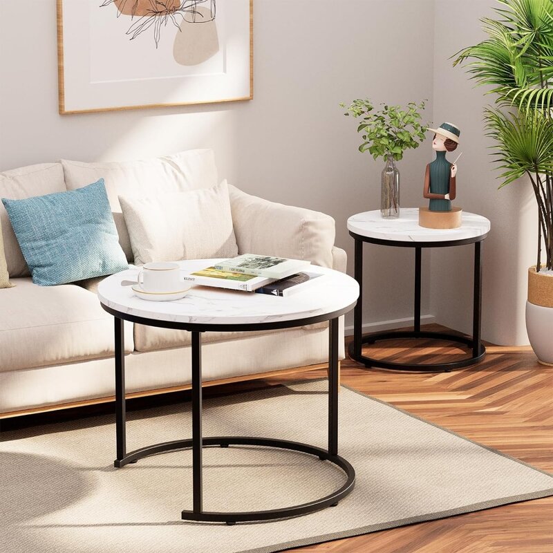 Mesa de café redonda, conjunto de 2 mesas finais para sala de estar, mármore falso branco, sotaque mesa de madeira, mesas de café de aço