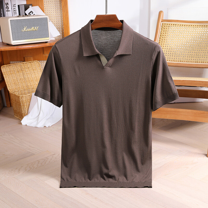 Summer Casual Polo Shirt Men's V-neck Solid Color Thin Knitted Short-Sleeved T-shirt Korean Men's Lapel Breathable T-shirt