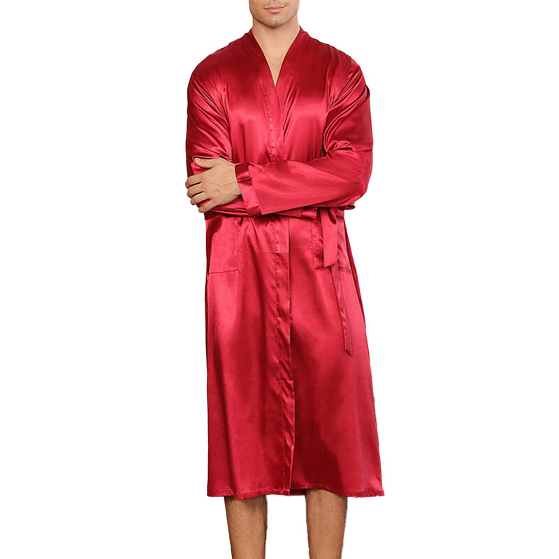Mens Long Emulation Silk Pajamas Kimono Bathrobe Robe Dressing Gown Loungewear Sleepwear Solid Color Comfortable Soft