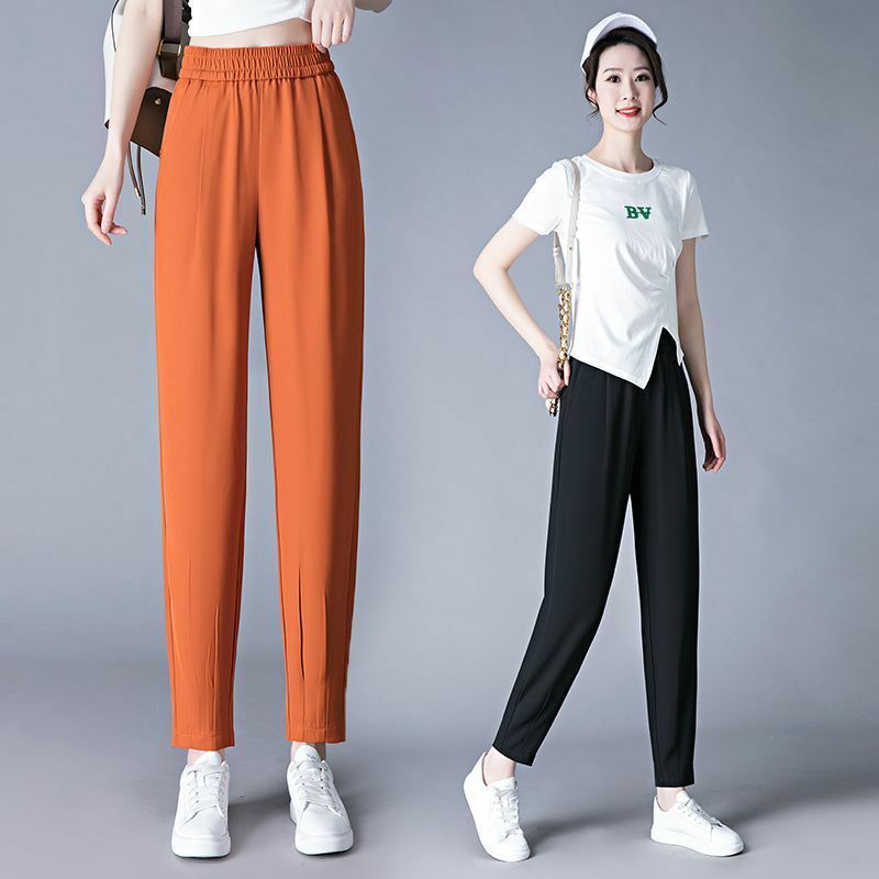 Lato New Fashion Casual wszechstronny solidny spodnie Harlan damski elastyczny, wysoki zapinany na guziki prosty szeroki nogawce przycięte spodnie