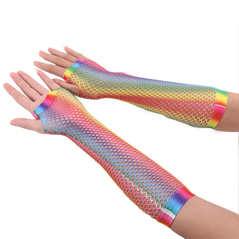 Women Rainbow Color Sexy Mesh Net Fishnet Gloves Gothic Hollow Out Holes Fingerless Gloves Lady Disco Dance Costume Mitten