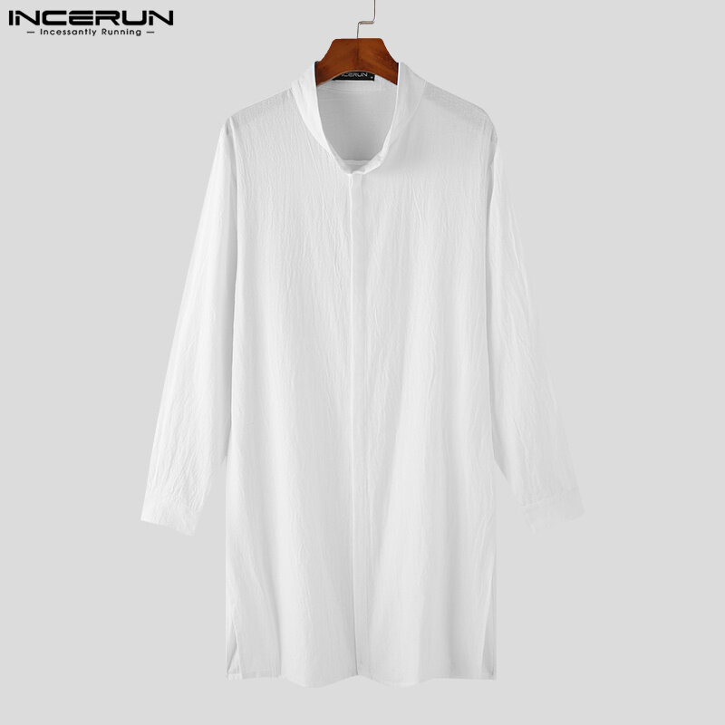 2023 Men Shirt Solid Stand Collar Long Sleeve Muslim Shirts Kaftan Streetwear Cotton Islamic Arabic Men Clothing INCERUN S-5XL