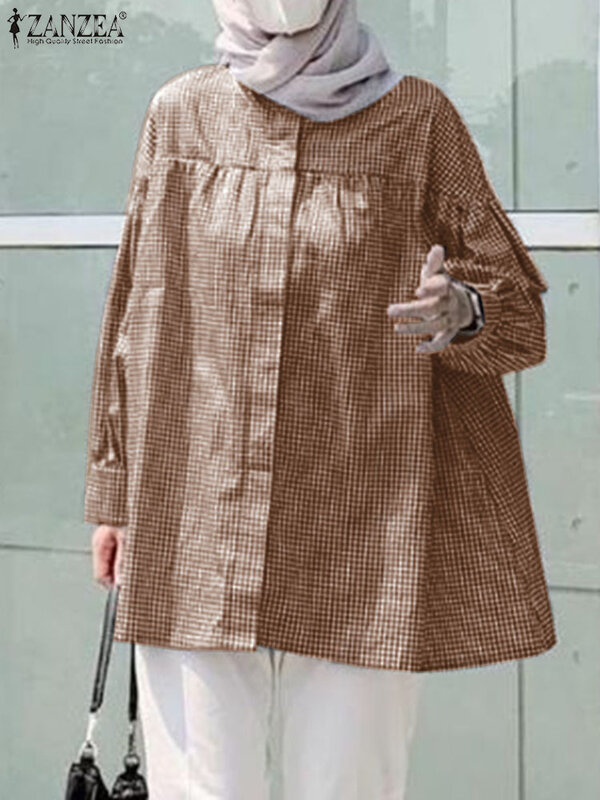 Zanzea Vrouwen Vintage Lange Mouw Moslim Tops Mode Herfst Shirt Kalkoen Abaya Oversized Geruite Blouse Islamitische Kleding Kaftan