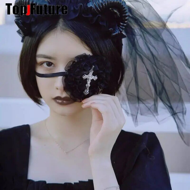 Farfalla gotica scura croce Anime Cosplay Costume ombretto cuore ricamo maschera per occhi singoli benda testa usura LOLITA COSPLAY