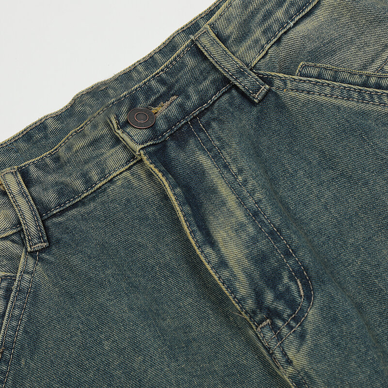 UPRAKF-Jeans pretos emendados com bolso, calças jeans, roupas de rua casuais, calças de harajuku lavadas, verão