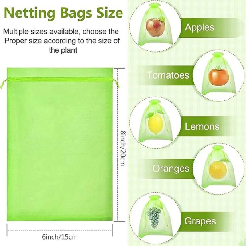 50PCS Fruit Protection Bag Green Mesh Netting Bag with Drawstring Protect From Insect Birds Squirrels Gardening Tool