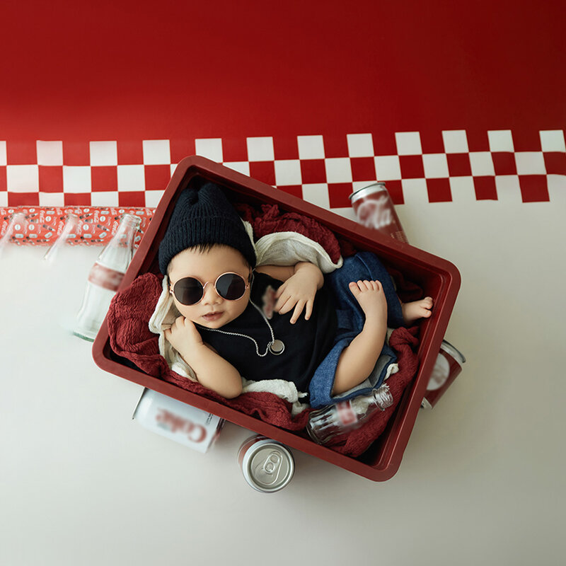 Neonato neonato fotografia abiti tute per ragazze occhiali da sole bottiglia di coca cola servizio a tema Set Studio tiro puntelli fotografici