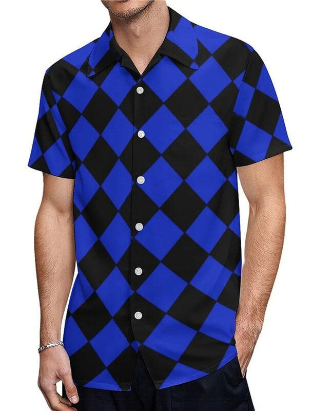 Karnawałowa koszulka w stylu Argyle męska koszulka z kratą odzież na co dzień na weekendowe letnie klapy z krótkimi rękawami 4-kierunkowe rozciągliwa tkanina