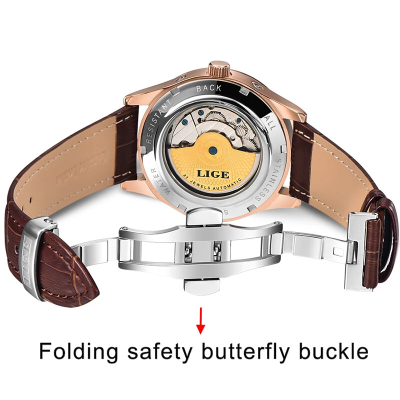 LIGE-브랜드 클래식 레트로 남성 시계, 자동 기계식 시계, 뚜르비용 시계, 럭셔리 가죽 방수 밀리터리 손목 시계