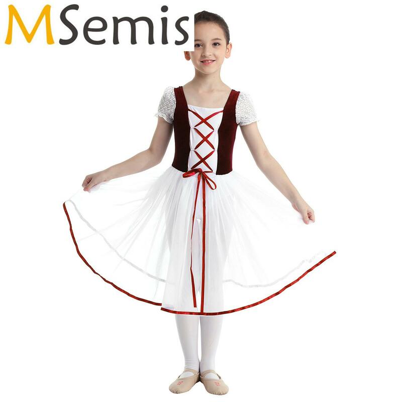 Kids Girls Velvet Mesh Giselle Ballet Dance Costume Short Bubble Sleeves Dance Skirt Dress Gymnastics Leotard Ballet Tutu Dress