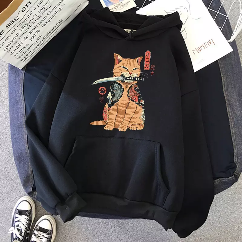 Флисовые пуловеры в стиле хип-хоп, флисовая Свободная Женская толстовка с креативным круглым вырезом, худи с японским мультяшным котом укиё-э-принтом, Женская толстовка