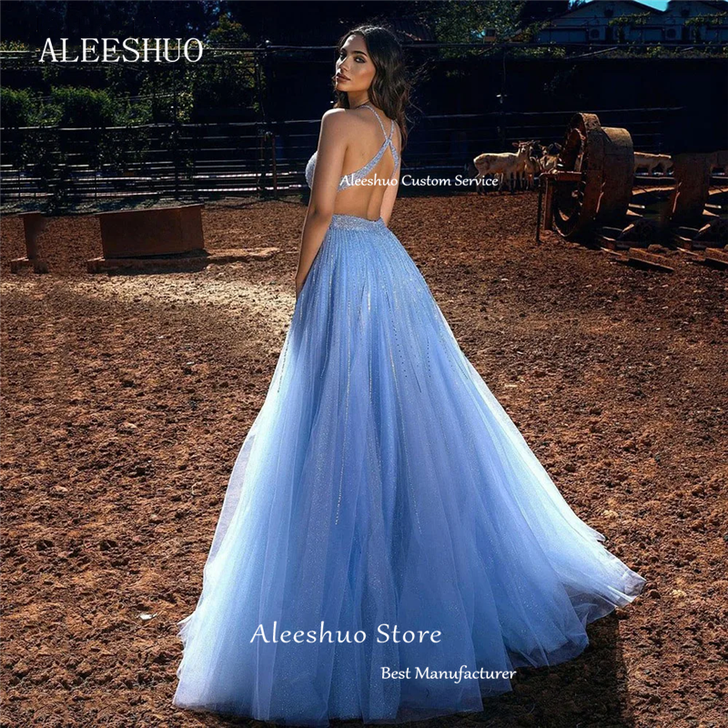 Aleeshuo Prinses Halter Lovertjes Tule Prom Dress Backless Avondjurk Elegant Licht Hemelsblauw Gelaagde Plooi Feestjurk 2024