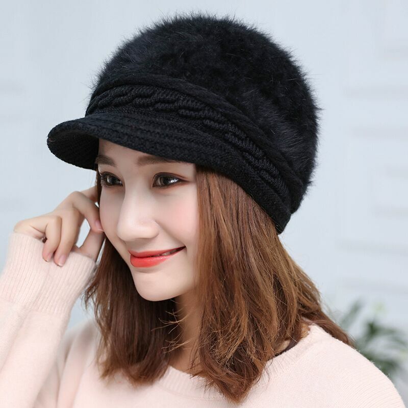 Sombrero de pelo de conejo coreano para mujer, gorro de lengua de pato, gorro de punto engrosado cálido, invierno, nuevo