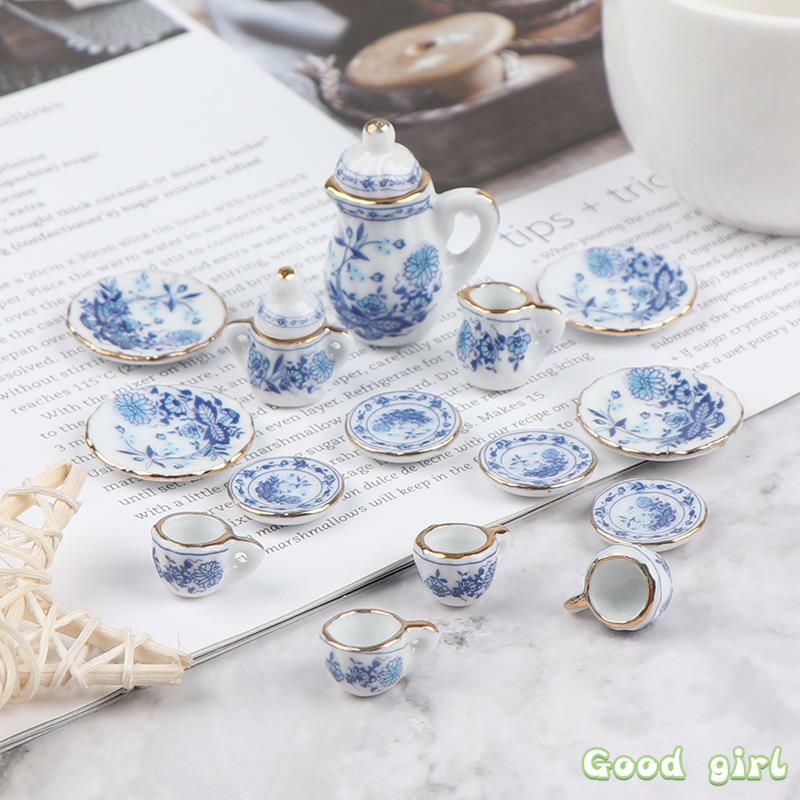 15Pcs 1:12 Miniature Porcelain ชุดถ้วยชาดอกไม้บนโต๊ะอาหารห้องครัวเฟอร์นิเจอร์ตุ๊กตาของเล่นเด็กถ้วยชาตุ๊กตา