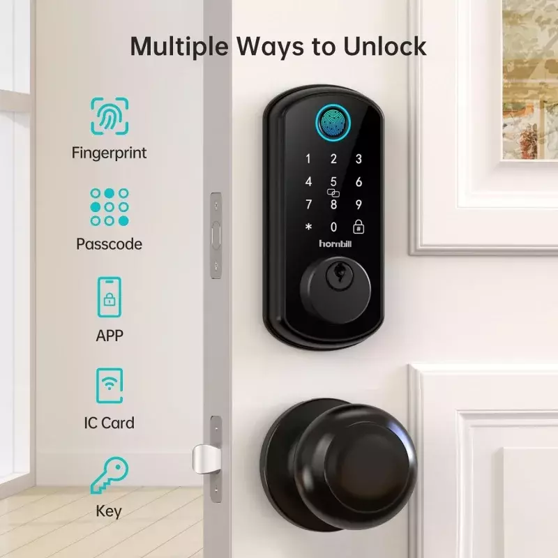 Set kunci pintu pintar WiFi: Hornbill Keyless Entry Deadbolt dengan pegangan sidik jari depan 2 tombol Ale