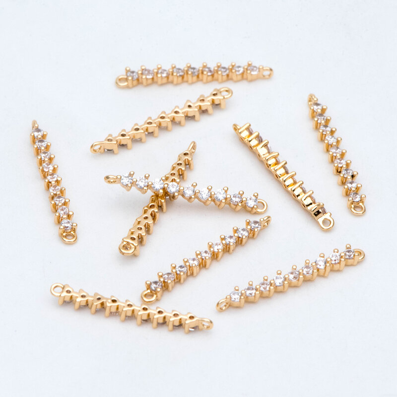 4pcs CZ Paved Bar Connector 20mm, Real Gold Plated Brass, Cubic Zirconia Stick Charms (GB-2997)