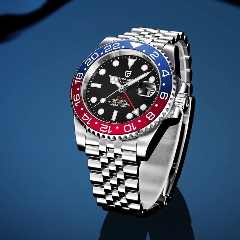 นาฬิกากลไกสำหรับผู้ชายดีไซน์หรูหรารุ่นใหม่2024นาฬิกาสเตนเลส Gmt นาฬิกาเคสกระจกสำหรับท่านชายแซฟไฟร์แบรนด์ชั้นนำ