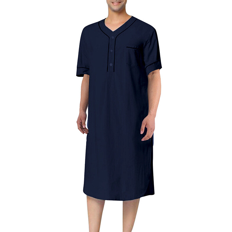 남성용 여름 반팔 얇은 잠옷, 무슬림 홈웨어, 단색, 느슨한 사우디 아라비아 카프탄 홈 아바야 수면 가운