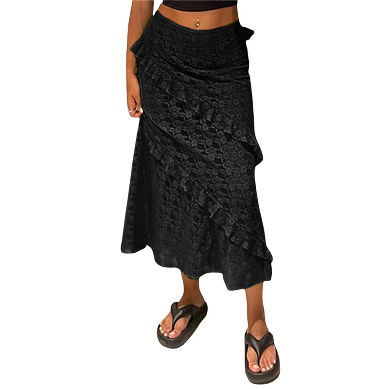 Fairy Grunge y2k Skirt Summer Women Sheer Mesh Lace Flower Jacquard Ruffle Midi Skirts 2000s Aesthetic Skirt Fashion Streetwear