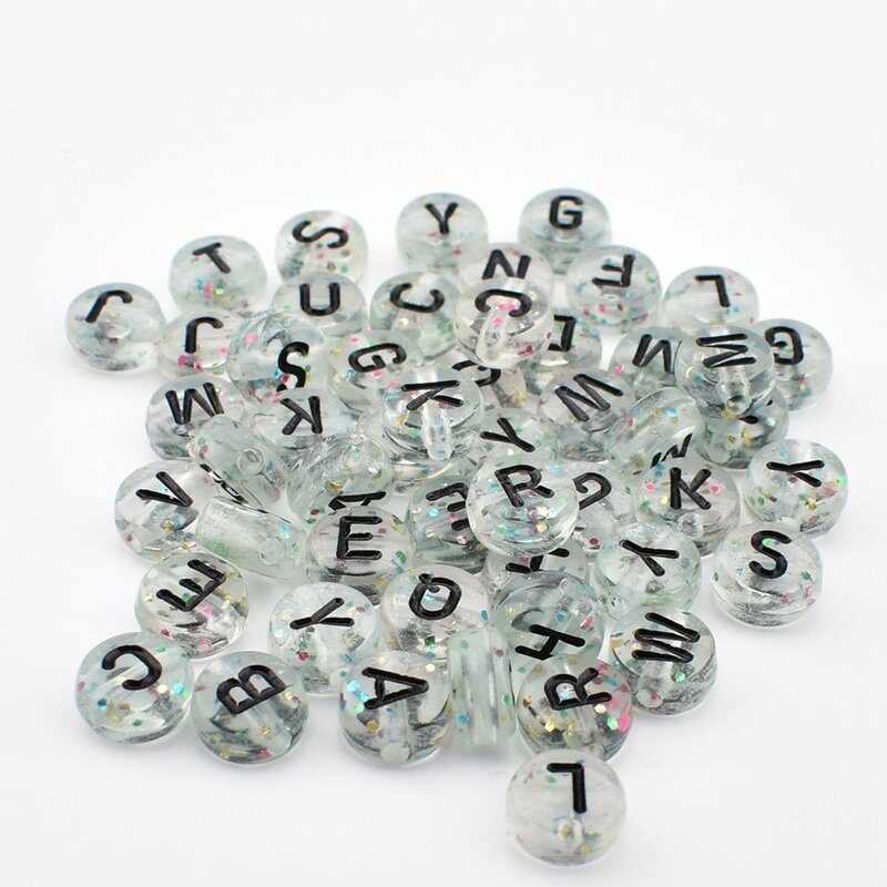 Perles Rondes en Acrylique pour la Fabrication de Bijoux, Fond Transparent, Lettres Noires, 7x4x1mm, 50 Pièces/Lot