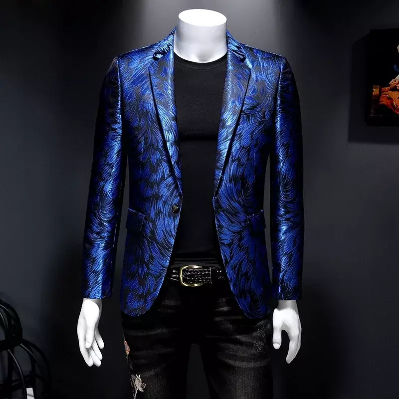 Plus Size 6XL-M Luxury Men Jacquard Slim Fit Blazer Stage Performance Metal Gold Yarn Casual Suit Jacket Formal Stage Costumes