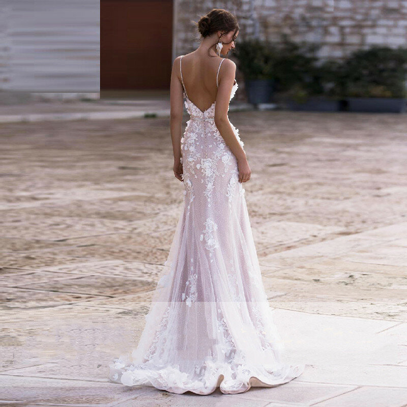 LoveDress gaun pernikahan putri duyung antik tali Spaghetti leher-v bunga 3D renda applique gaun pengantin gaun pengantin punggung terbuka
