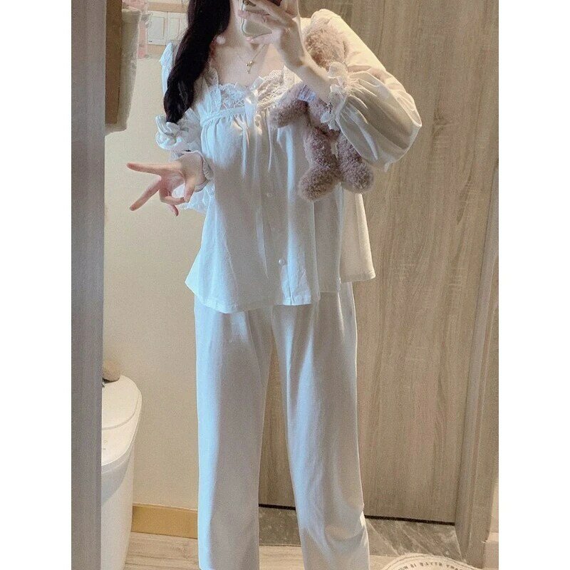Pijama feminino de manga comprida, libido pura, rede de renda, terno confortável e solto, vestido em casa, novo estilo, francês, primavera, 2022