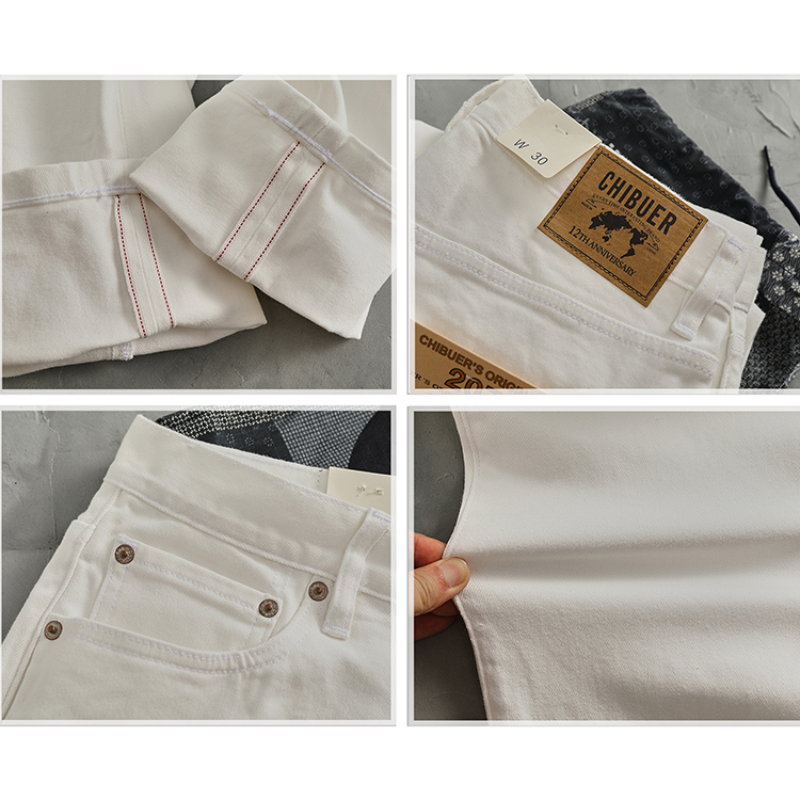 กางเกงยีนส์สีขาวสำหรับผู้ชายทรงกรวยไมโครกรวยทรงตรงปลายสูงสีขาวแทนนินสีแดงแนววินเทจ