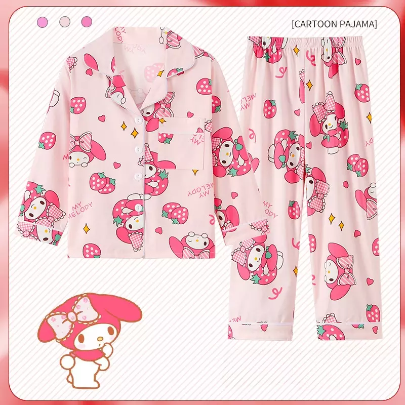 New Sanrio Cinnamoroll Kuromi My Melody Children Cartoon Pajamas Casual Spring Long Sleeve Flip Neck Cardigan Girls Nightwear