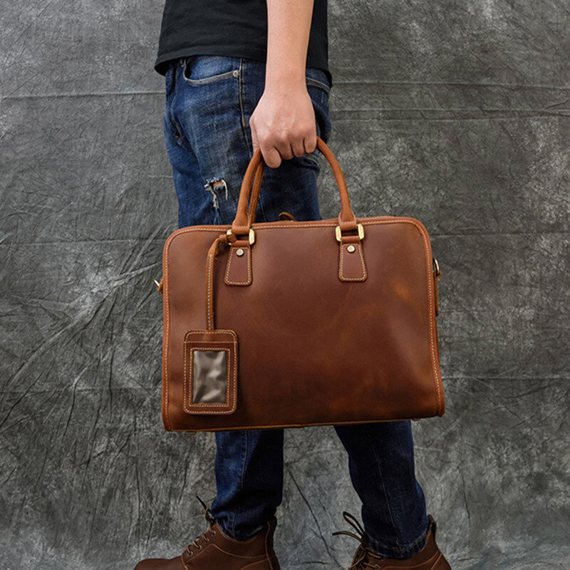 Genuine Leather Briefcases For Men Business Handbag Tote Bag 15"6 Laptop Computer Vintage Male Shoulder Messenger