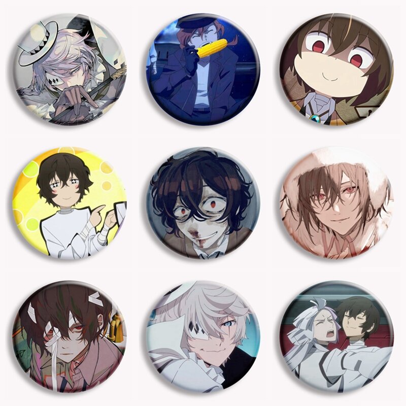 Pin de botón de Anime Bungou Stray Dogs, personaje de dibujos animados creativo, Osamu, Nakahara, Dazai, Chuya, broche, insignia, decoración de colección para fanáticos, 58mm