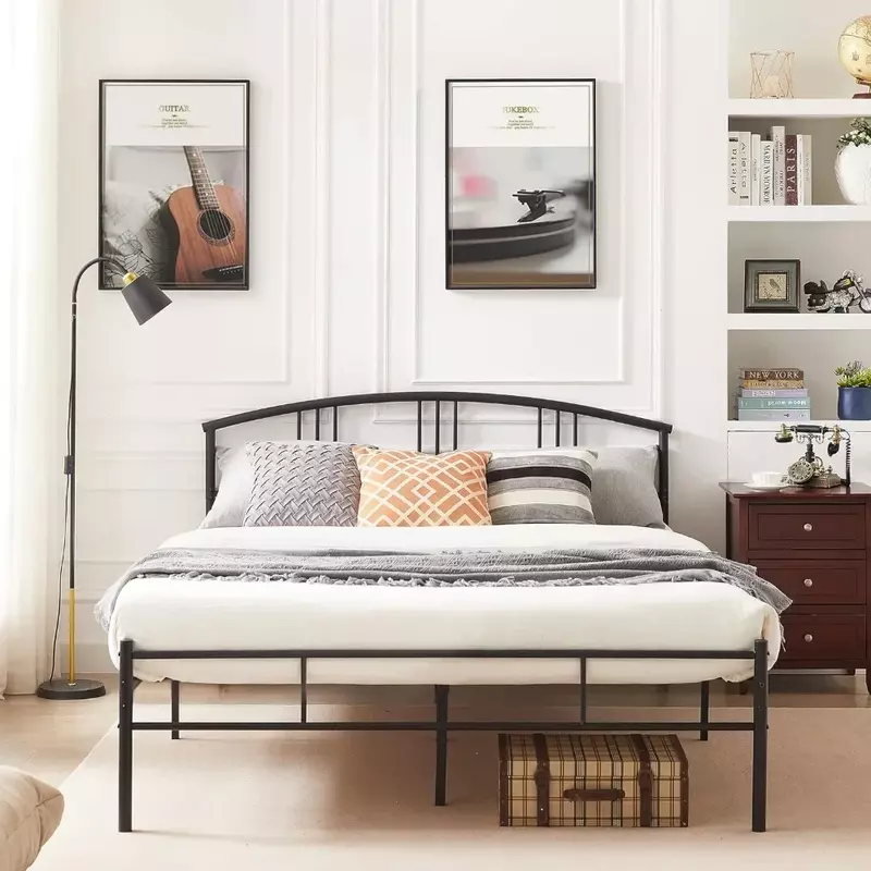 Матрас Королевский на металлической платформе, 14 дюймов с изголовьем кровати, поддержка стальных пластин, без пружинной коробки, черная кровать