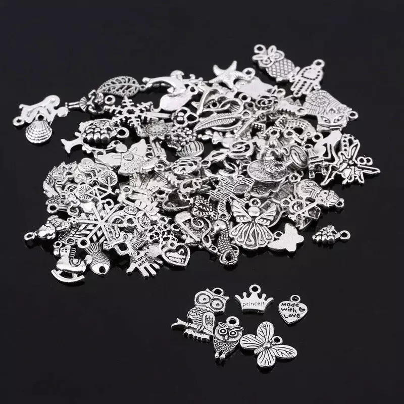 100pcs Tibetan Silver Mixed Heart Butterfly Key Crown Charms Pendants DIY Jewelry for Necklace Bracelet Making Accessaries