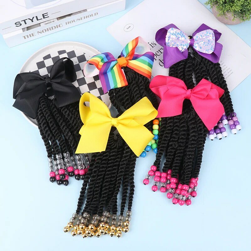 1PC Wigs Beaded Braided Ponytail Women Hair Extensions Fiber Braiding Child Synthetic Beads Wigs Bows Children'S Hair Extensions
