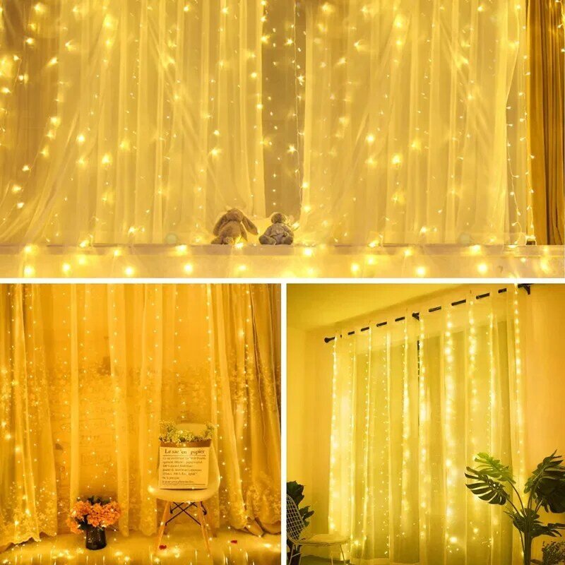 Cortina de luces LED de 3x3M/6x3M, guirnalda de luces de hadas navideñas para exteriores, boda, fiesta, jardín, decoración del hogar