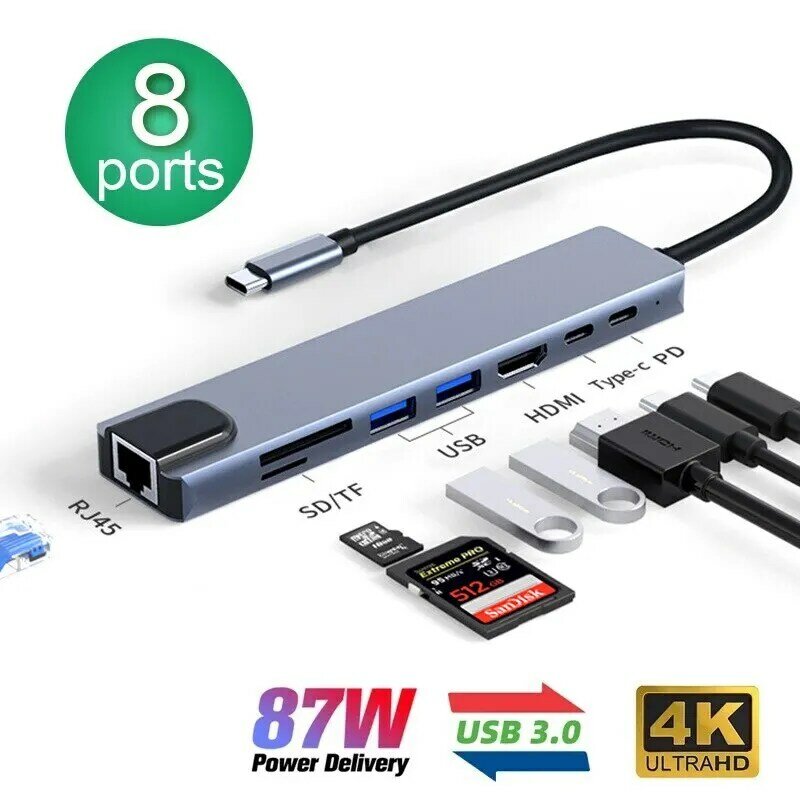 8in1 USB C HUB 타입 C 스플리터 4K 썬더 볼트 3 도킹 스테이션 노트북 어댑터 맥북 에어 M1 아이 패드 프로 RJ45 HDMI 컴퓨터