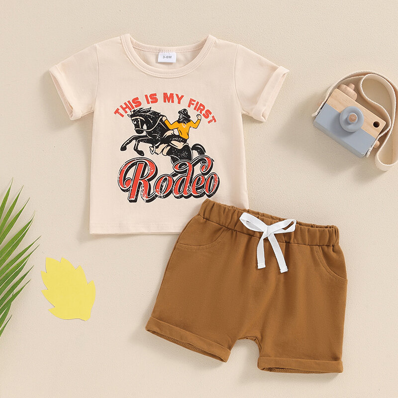 2024-03-29 lioraitiin 3M-3Y Toddler Summer Baby Boy Western Outfits Short Sleeve Horse Print Tops + Solid Shorts Set Clothes