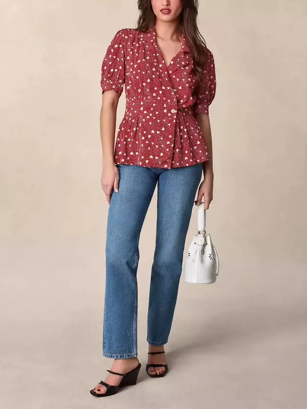 Women's Wrapped Shirt 2024 Spring 100% Viscose Dot Heart-Shaped Printed  Turn-down Collar Lace-up Commuter Short Sleeve Blouse