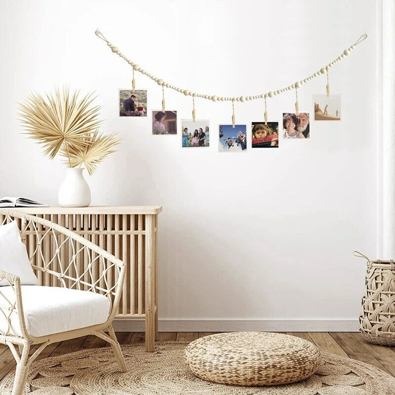 3PCS Hanging Photo Display Wall Decor Boho Wooden Bead With 7 Wood Clips For Home, Office