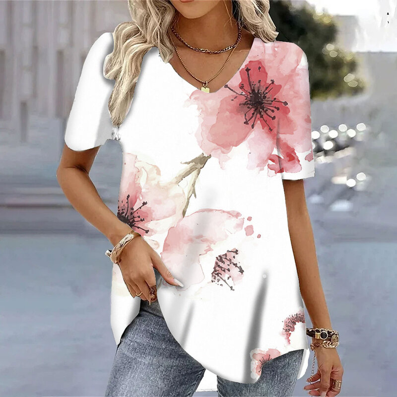Camiseta feminina de manga curta estampada em 3D, camisetas elegantes, tops grandes, roupas elegantes, verão, 2024