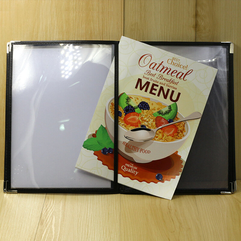 Carpeta de menú de doble panel transparente, soportes de tamaño de letra, esquinas de Metal, cubiertas de menú para Hotel, restaurante, Bar, cafetería