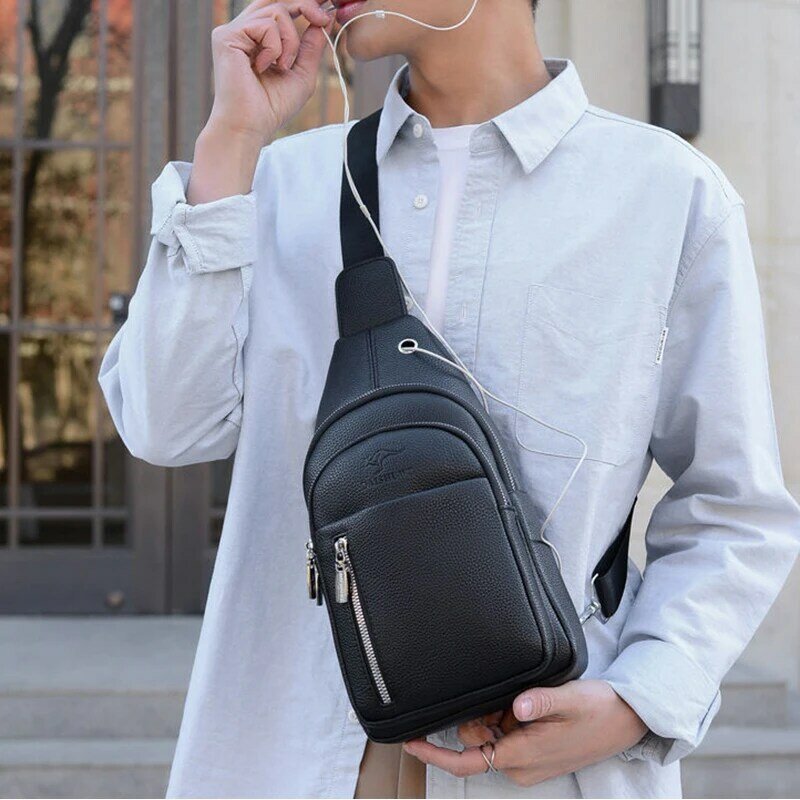 MOOWOO tas selempang kulit asli untuk pria, tas dada kulit asli, tas bahu bisnis kasual dengan pengisian daya USB untuk pria
