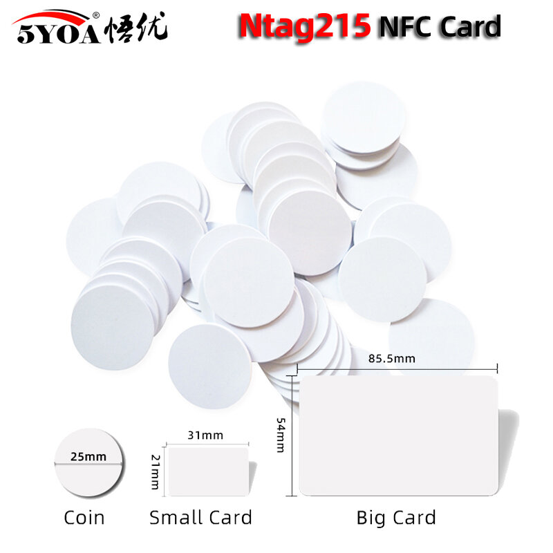 5YOA 100 buah kartu NFC Ntag215 kartu lencana koin 215 kunci Chip 13.56MHz ultra ringan Universal ISO IEC14443A 25mm PVC tahan air